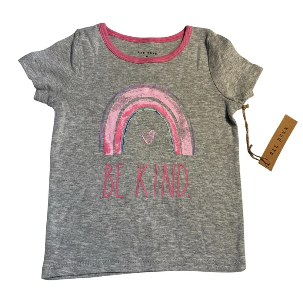 NWT Rae Dunn Kids Pajama Set 4T Gray and Pink 'Be Kind' Rainbows 100% Cotton